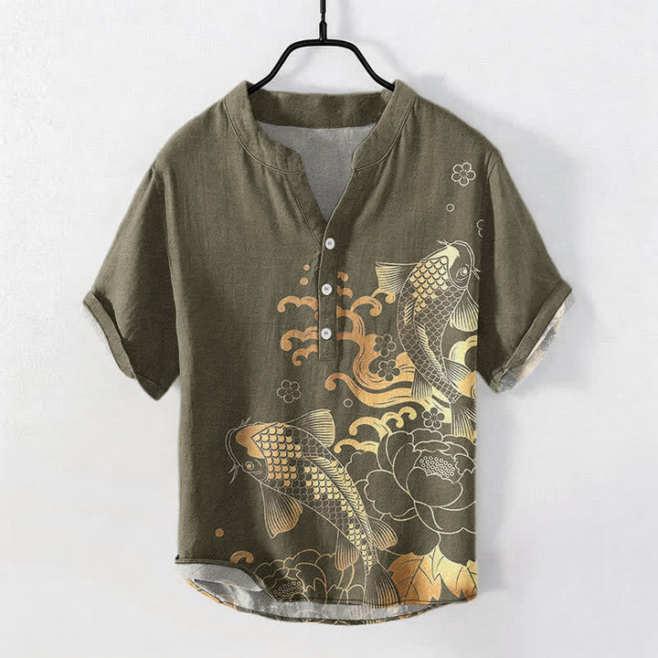 Buddha Stones Koszula męska z krótkim rękawem i nadrukiem ryby koi z motywem piwonii, zapinana na pół guzika - Ciemny Khaki - US/UK/AU50, EU60 (5XL) - image 0