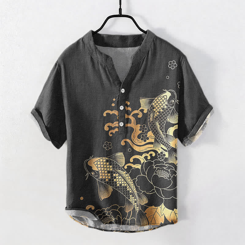 Buddha Stones Koszula męska z krótkim rękawem i nadrukiem ryby koi z motywem piwonii, zapinana na pół guzika - DimGray - US/UK/AU50, EU60 (5XL) - image 5
