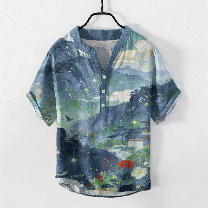 Buddha Stones Koszula męska z krótkim rękawem i półguzikiem, z nadrukiem w kwiaty i wzorem krajobrazowym - CadetBlue - US/UK/AU50, EU60 (5XL) - image 0