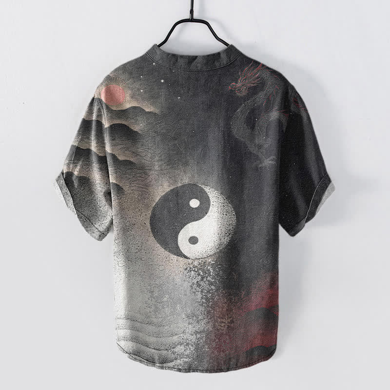 Buddha Stones Koszula męska z krótkim rękawem i półguzikiem z bawełny z motywem chmur Yin Yang - image 1