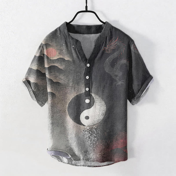 Buddha Stones Koszula męska z krótkim rękawem i półguzikiem z bawełny z motywem chmur Yin Yang - Czarny - US/UK/AU50, EU60 (5XL) - image 0
