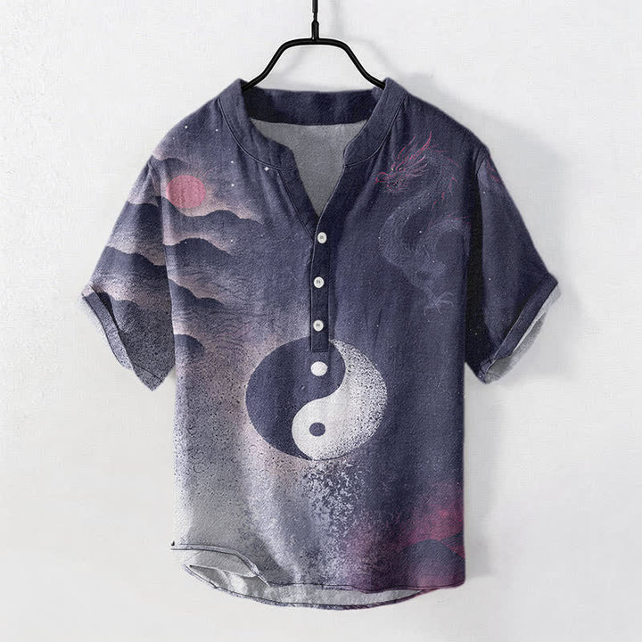 Buddha Stones Koszula męska z krótkim rękawem i półguzikiem z bawełny z motywem chmur Yin Yang - MidnightBlue - US/UK/AU50, EU60 (5XL) - image 5