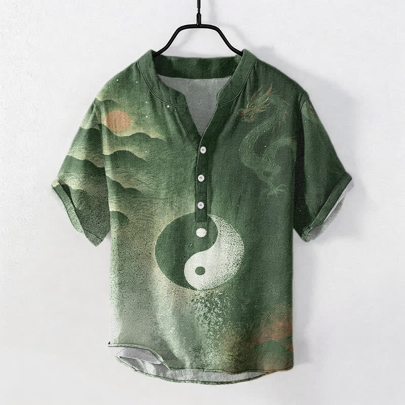 Buddha Stones Koszula męska z krótkim rękawem i półguzikiem z bawełny z motywem chmur Yin Yang - DarkOliveGreen - US/UK/AU50, EU60 (5XL) - image 7