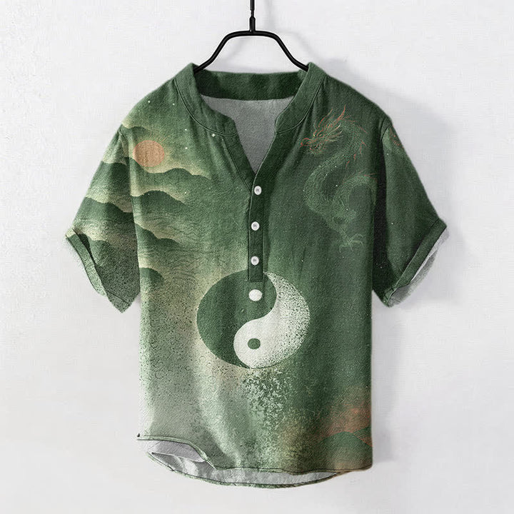 Buddha Stones Koszula męska z krótkim rękawem i półguzikiem z bawełny z motywem chmur Yin Yang - DarkOliveGreen - US/UK/AU50, EU60 (5XL) - image 7