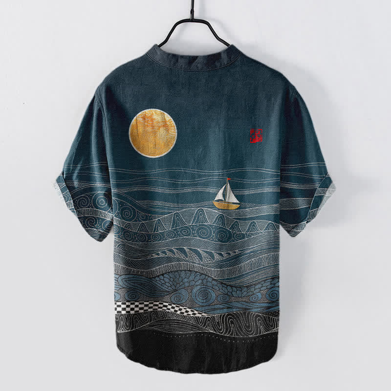 Buddha Stones Koszula męska z krótkim rękawem i półguzikiem, z nadrukiem „Fala oceaniczna” - image 1