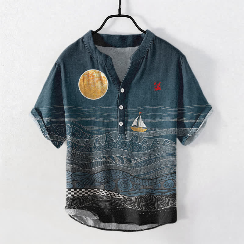 Buddha Stones Koszula męska z krótkim rękawem i półguzikiem, z nadrukiem „Fala oceaniczna” - Cyraneczka - US/UK/AU50, EU60 (5XL) - image 0