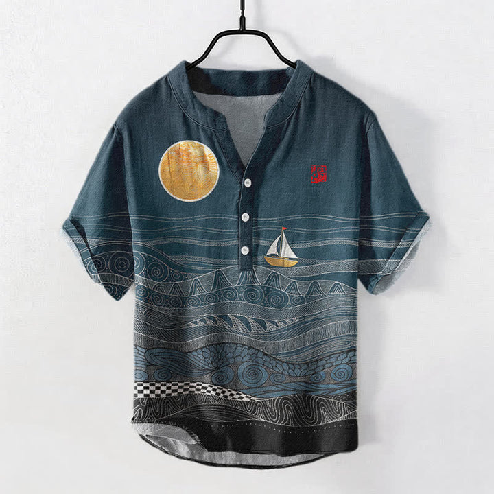 Buddha Stones Koszula męska z krótkim rękawem i półguzikiem, z nadrukiem „Fala oceaniczna” - Cyraneczka - US/UK/AU50, EU60 (5XL) - image 0