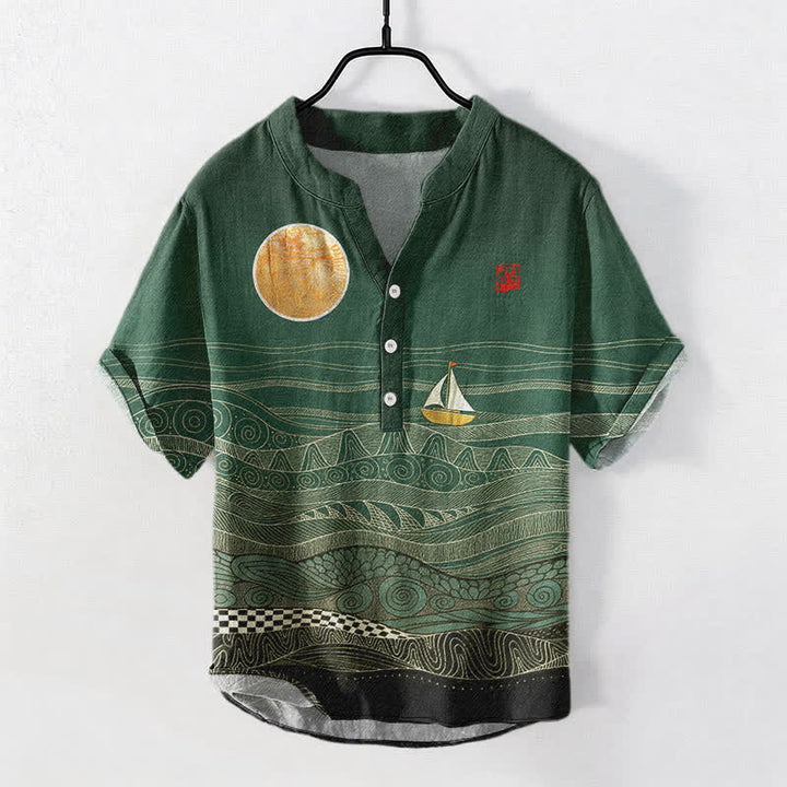 Buddha Stones Koszula męska z krótkim rękawem i półguzikiem, z nadrukiem „Fala oceaniczna” - ForestGreen - US/UK/AU50, EU60 (5XL) - image 5