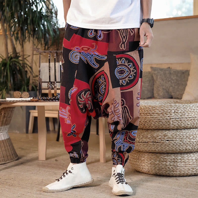 Męskie spodnie haremowe z kieszeniami i siatką z motywem Buddha Stones w kwiaty - image 1