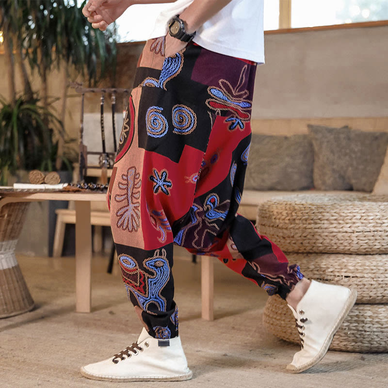 Męskie spodnie haremowe z kieszeniami i siatką z motywem Buddha Stones w kwiaty - Czerwony - US/UK/AU42， EU52 (3XL) - image 0