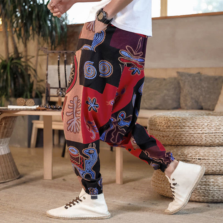 Męskie spodnie haremowe z kieszeniami i siatką z motywem Buddha Stones w kwiaty - Czerwony - US/UK/AU42， EU52 (3XL) - image 0