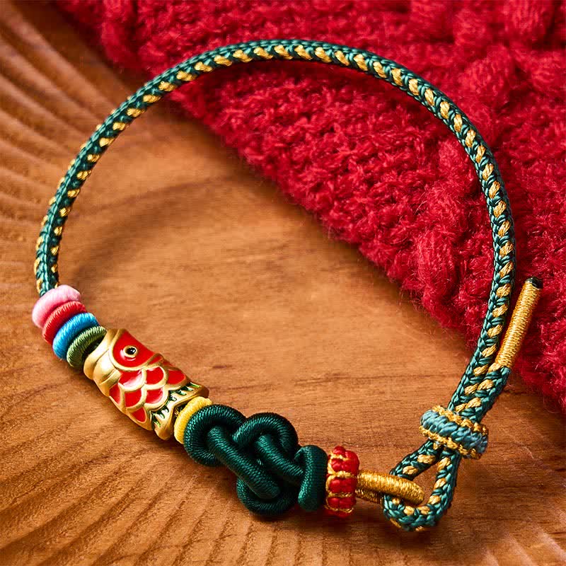Buddha Stones Bransoletka ochronna na karpia koi tkana ręcznie z ciemnozielonego żółtego sznurka i czerwonego sznurka - Zielony (obwód nadgarstka: 5,9-7,1 cala / 15-18 cm) - image 0