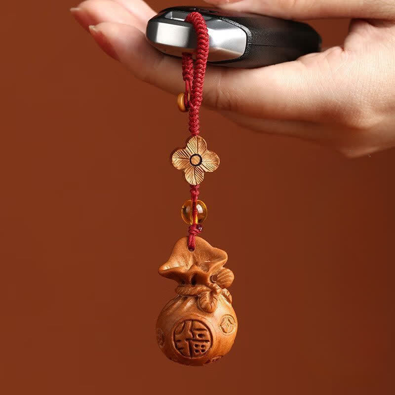 Buddha Stones Breloczki do kluczy z motywem szczęścia Peach Wood Fu Character Lotus Wealth Pouch - image 4