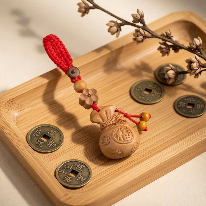 Buddha Stones Breloczki do kluczy z motywem szczęścia Peach Wood Fu Character Lotus Wealth Pouch - Koraliki w kolorze śliwkowego kwiatu, czerwona lina - image 11