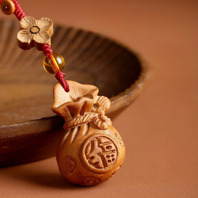 Buddha Stones Breloczki do kluczy z motywem szczęścia Peach Wood Fu Character Lotus Wealth Pouch - image 2