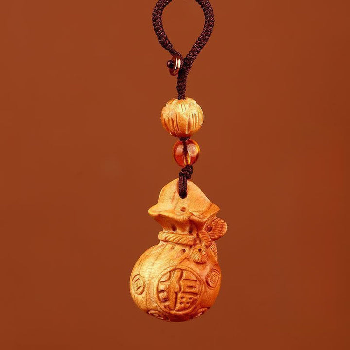 Buddha Stones Breloczki do kluczy z motywem szczęścia Peach Wood Fu Character Lotus Wealth Pouch - Lina Lotosu Brązowego - image 8