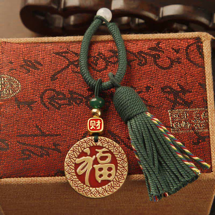 Buddha Stones Mosiężne, ręcznie tkane, czerwone breloczki z motywem błogosławieństwa Fu - Fu Plaque Green Tassel - image 10