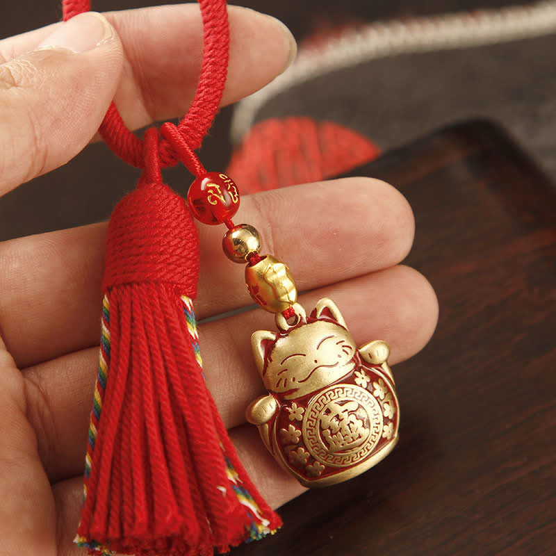 Buddha Stones Mosiężne, ręcznie tkane, czerwone breloczki z motywem błogosławieństwa Fu - Szczęśliwy Kot Czerwony Frędzel - image 0