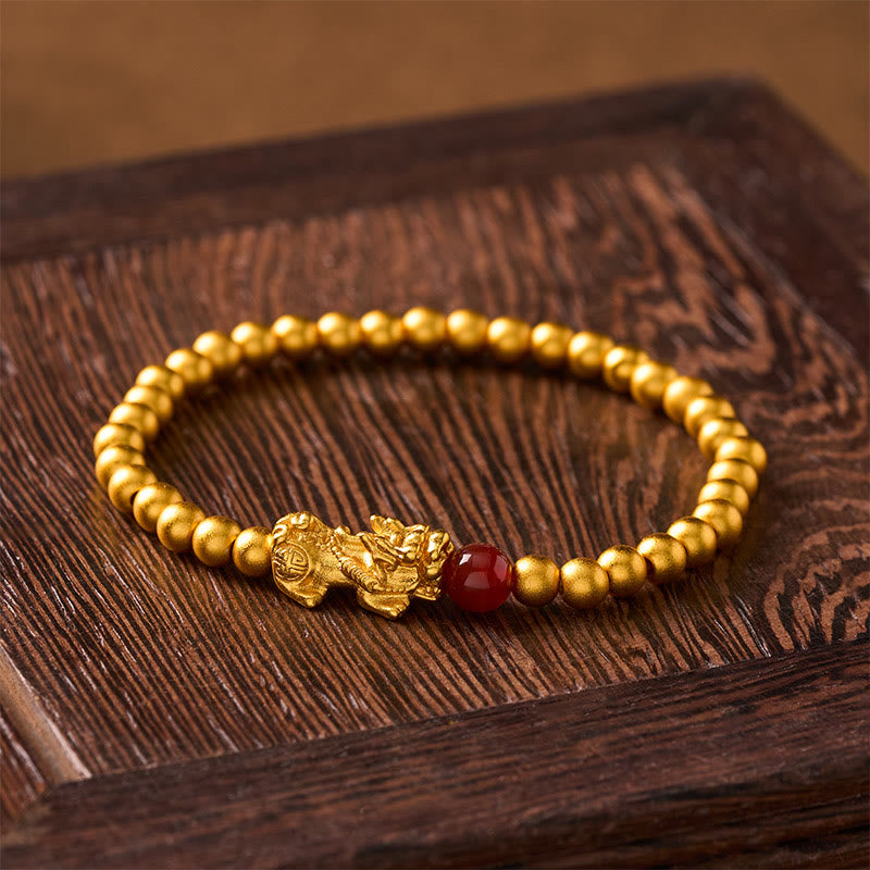 Buddha Stones Bransoletka z okrągłych koralików Pi Xiu Wealth z pozłacanej miedzi i czerwonego agatu - image 1