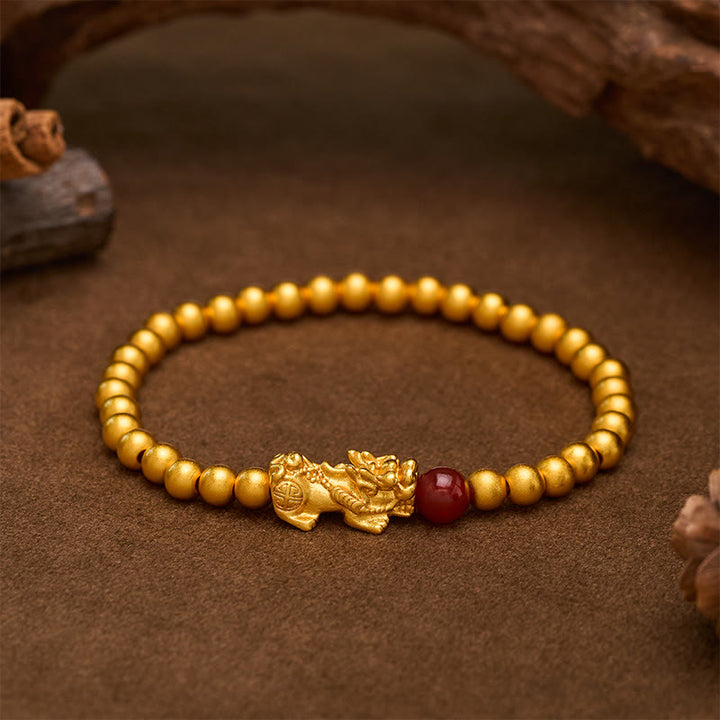 Buddha Stones Bransoletka z okrągłych koralików Pi Xiu Wealth z pozłacanej miedzi i czerwonego agatu - PiXiu (Bogactwo ♥ Szczęście) - image 0