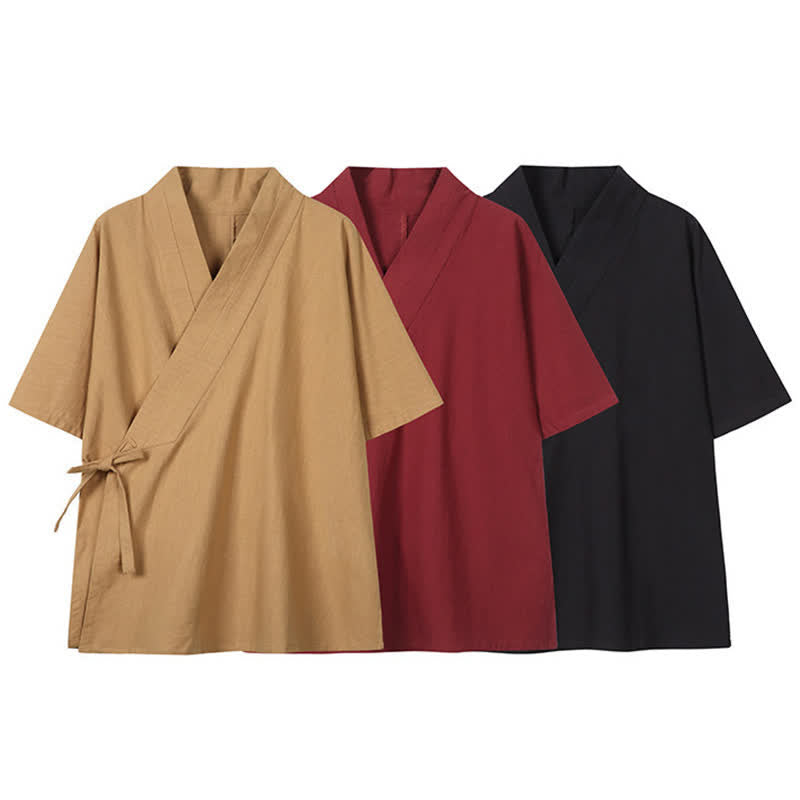 Buddha Stones Wiosenno-letnie minimalistyczne męskie kimono ze ściągaczem z litej bawełny i lnu - image 14