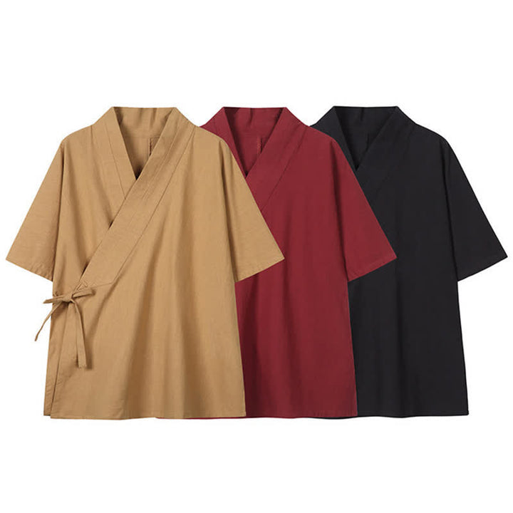 Buddha Stones Wiosenno-letnie minimalistyczne męskie kimono ze ściągaczem z litej bawełny i lnu - image 14