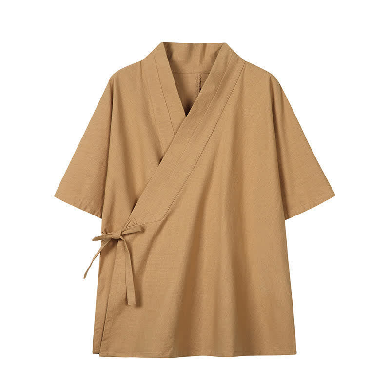 Buddha Stones Wiosenno-letnie minimalistyczne męskie kimono ze ściągaczem z litej bawełny i lnu - Peru - US/UK/AU46， EU56 (5XL) - image 12