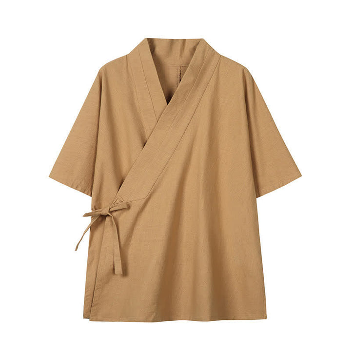 Buddha Stones Wiosenno-letnie minimalistyczne męskie kimono ze ściągaczem z litej bawełny i lnu - Peru - US/UK/AU46， EU56 (5XL) - image 12