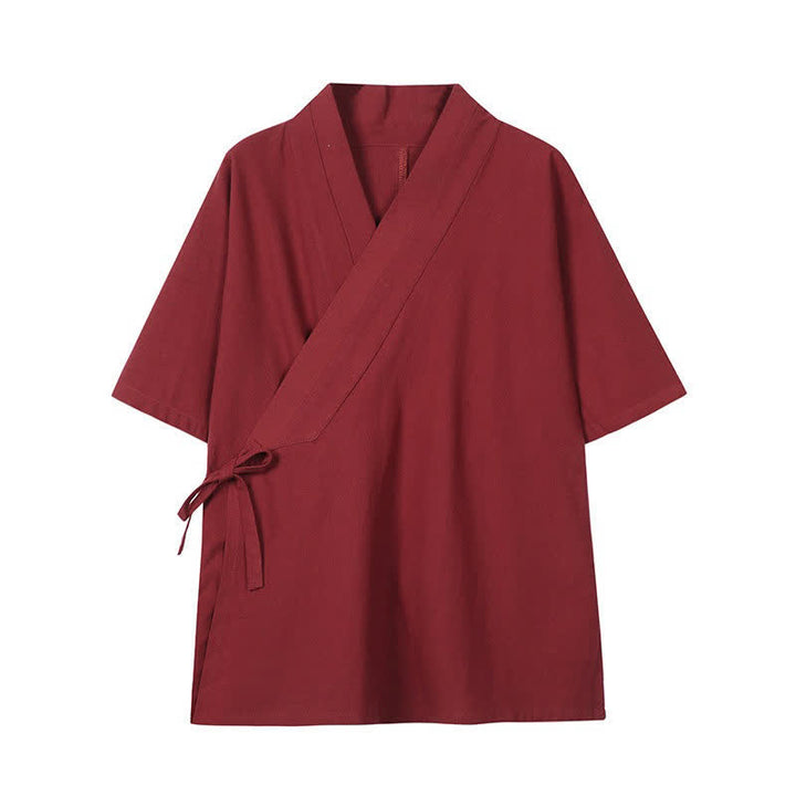 Buddha Stones Wiosenno-letnie minimalistyczne męskie kimono ze ściągaczem z litej bawełny i lnu - Cegła ogniotrwała - US/UK/AU46， EU56 (5XL) - image 0