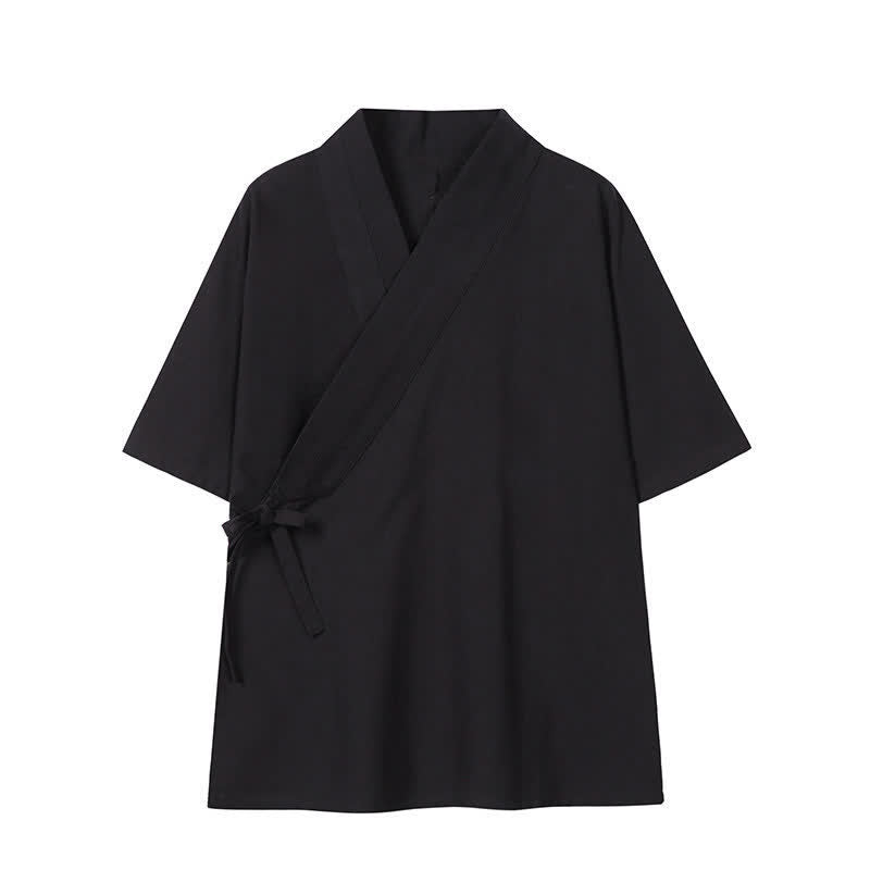 Buddha Stones Wiosenno-letnie minimalistyczne męskie kimono ze ściągaczem z litej bawełny i lnu - Czarny - US/UK/AU46， EU56 (5XL) - image 10