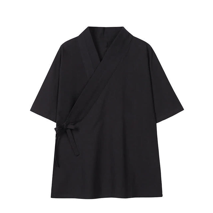 Buddha Stones Wiosenno-letnie minimalistyczne męskie kimono ze ściągaczem z litej bawełny i lnu - Czarny - US/UK/AU46， EU56 (5XL) - image 10