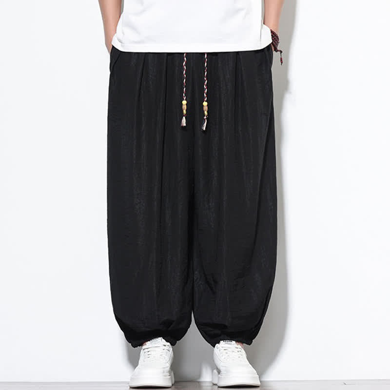 Buddha Stones Letnie, swobodne spodnie w stylu boho, ściągane sznurkiem, męskie, haremki z kieszenią - Czarny - US/UK/AU46， EU56 (5XL) - image 9