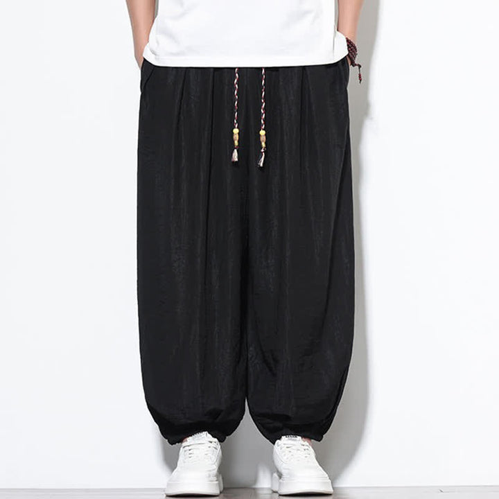 Buddha Stones Letnie, swobodne spodnie w stylu boho, ściągane sznurkiem, męskie, haremki z kieszenią - Czarny - US/UK/AU46， EU56 (5XL) - image 9