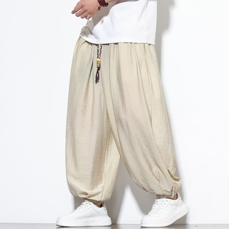 Buddha Stones Letnie, swobodne spodnie w stylu boho, ściągane sznurkiem, męskie, haremki z kieszenią - Beżowy - US/UK/AU46， EU56 (5XL) - image 0