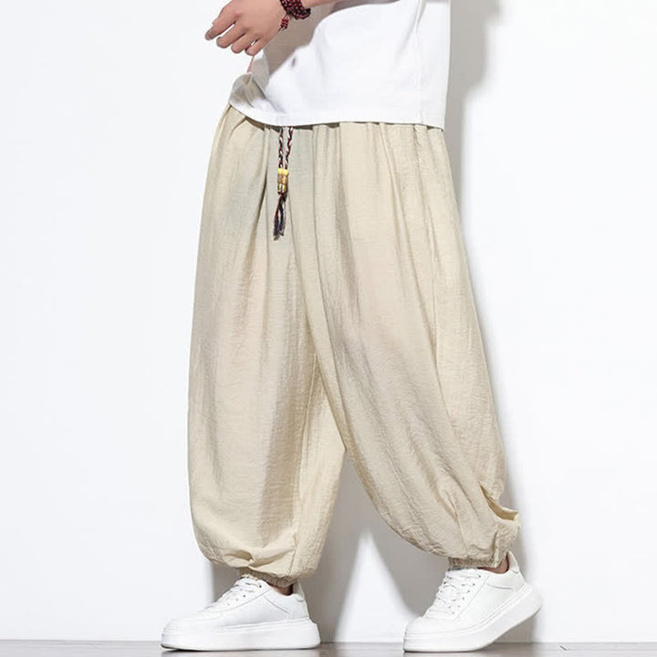 Buddha Stones Letnie, swobodne spodnie w stylu boho, ściągane sznurkiem, męskie, haremki z kieszenią - Beżowy - US/UK/AU46， EU56 (5XL) - image 0