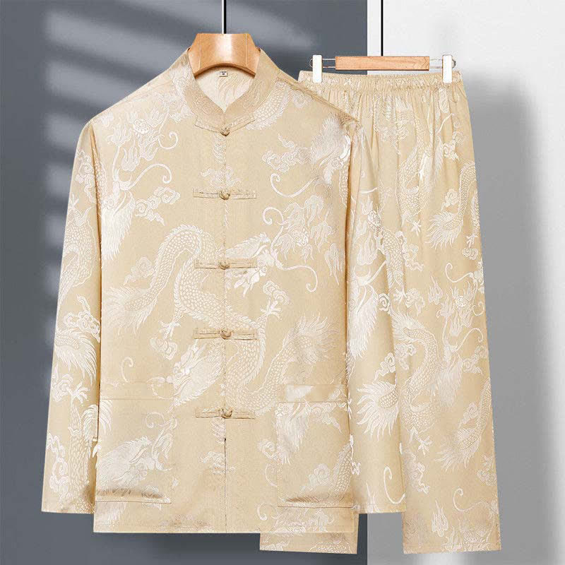 Buddha Stones 2-częściowy Tang Suit Dragon Frog-Button Męska koszula z długim rękawem i spodniami Zestaw ubrań - Khaki - US/UK/AU42， EU52 (3XL) - image 2