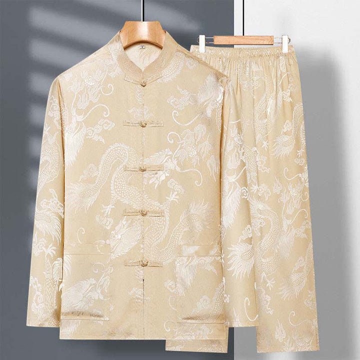 Buddha Stones 2-częściowy Tang Suit Dragon Frog-Button Męska koszula z długim rękawem i spodniami Zestaw ubrań - Khaki - US/UK/AU42， EU52 (3XL) - image 2