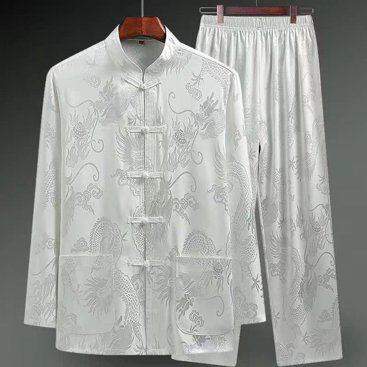Buddha Stones 2-częściowy Tang Suit Dragon Frog-Button Męska koszula z długim rękawem i spodniami Zestaw ubrań - Biały - US/UK/AU42， EU52 (3XL) - image 16