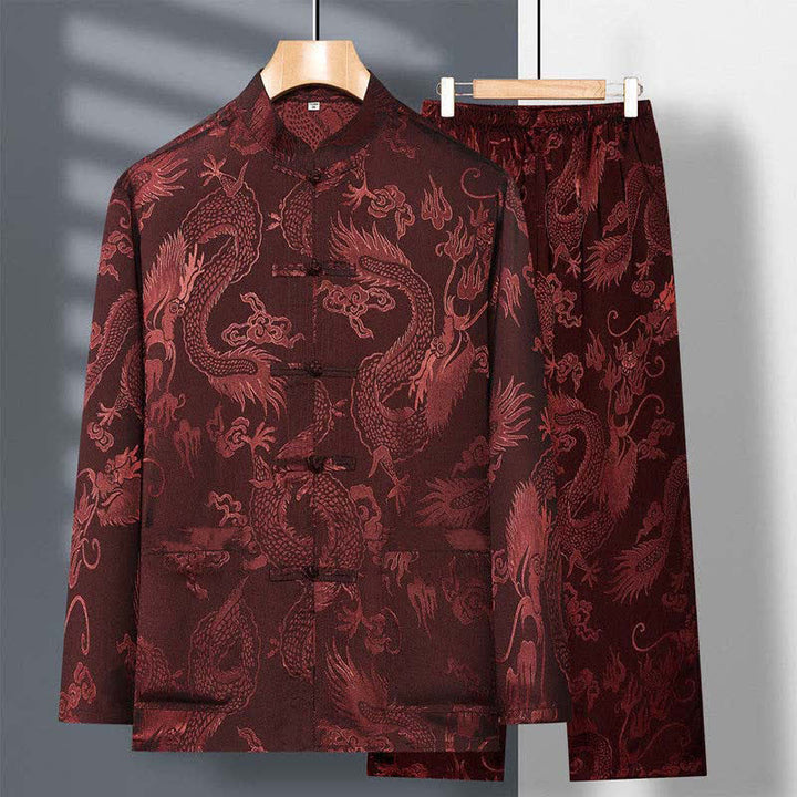 Buddha Stones 2-częściowy Tang Suit Dragon Frog-Button Męska koszula z długim rękawem i spodniami Zestaw ubrań - Brązowy - US/UK/AU42， EU52 (3XL) - image 14