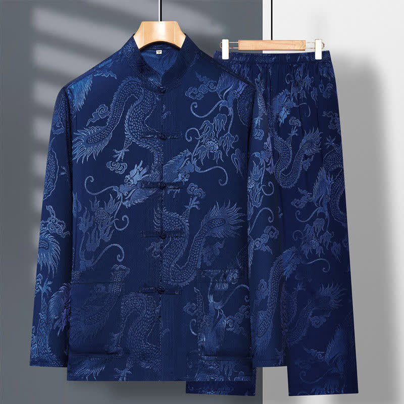 Buddha Stones 2-częściowy Tang Suit Dragon Frog-Button Męska koszula z długim rękawem i spodniami Zestaw ubrań - Stalowoniebieski - US/UK/AU42， EU52 (3XL) - image 0