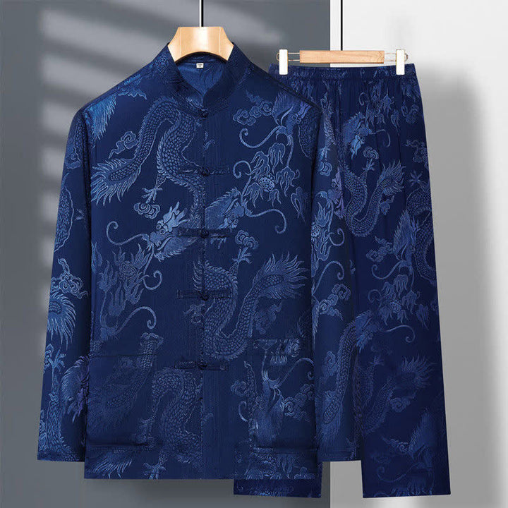 Buddha Stones 2-częściowy Tang Suit Dragon Frog-Button Męska koszula z długim rękawem i spodniami Zestaw ubrań - Stalowoniebieski - US/UK/AU42， EU52 (3XL) - image 0