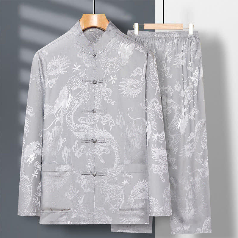 Buddha Stones 2-częściowy Tang Suit Dragon Frog-Button Męska koszula z długim rękawem i spodniami Zestaw ubrań - Jasnoszary - US/UK/AU42， EU52 (3XL) - image 6