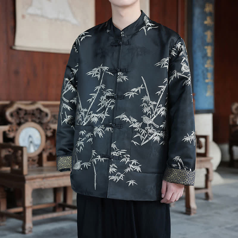 Buddha Stones Jesienno-zimowa męska kurtka w stylu vintage z kołnierzykiem stójkowym i nadrukiem żurawia z kieszenią - Ptaki bambusowe - US/UK/AU46， EU56 (5XL) - image 9