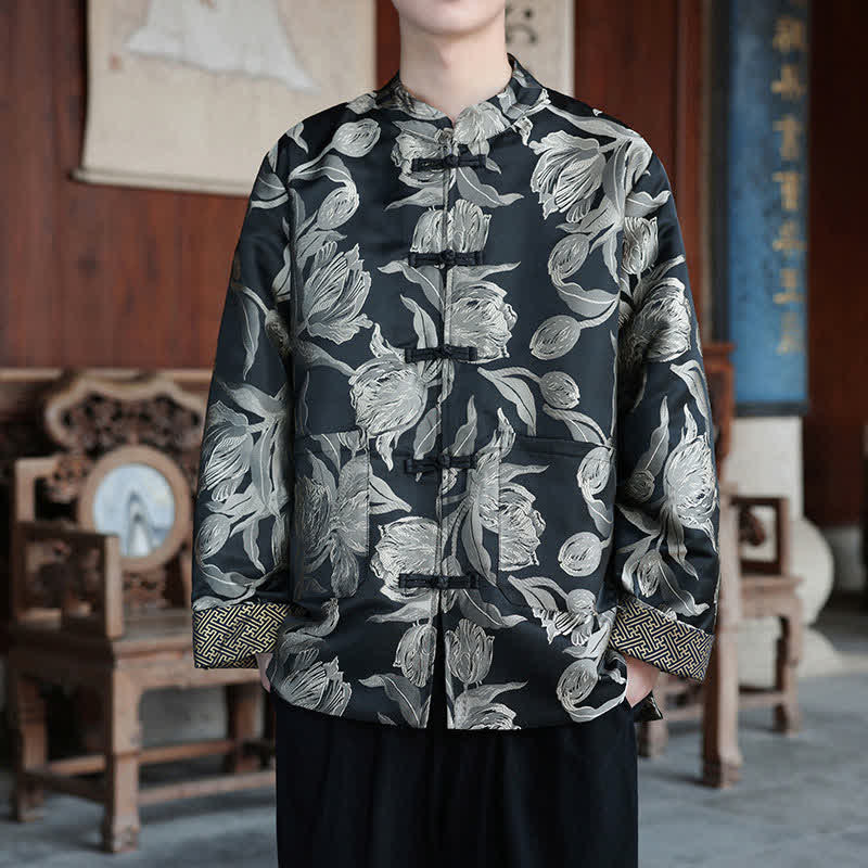 Buddha Stones Jesienno-zimowa męska kurtka w stylu vintage z kołnierzykiem stójkowym i nadrukiem żurawia z kieszenią - Kwiaty - US/UK/AU46， EU56 (5XL) - image 19
