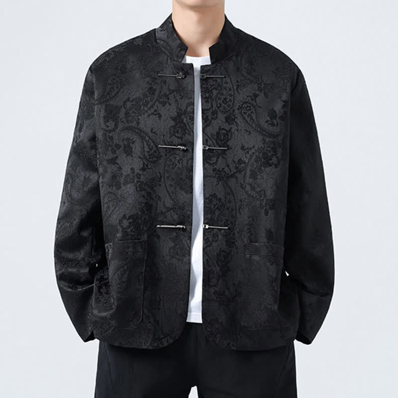 Buddha Stones Jesienno-zimowa męska kurtka w stylu vintage z kołnierzykiem typu stójka i żabką w kwiaty z kieszenią - Czarny - US/UK/AU46， EU56 (5XL) - image 0