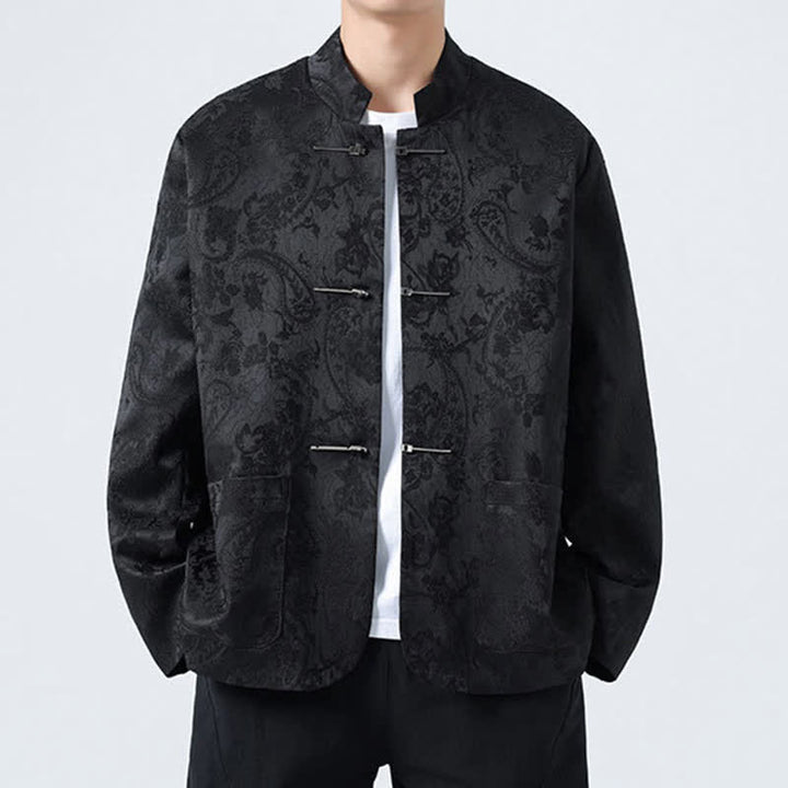 Buddha Stones Jesienno-zimowa męska kurtka w stylu vintage z kołnierzykiem typu stójka i żabką w kwiaty z kieszenią - Czarny - US/UK/AU46， EU56 (5XL) - image 0