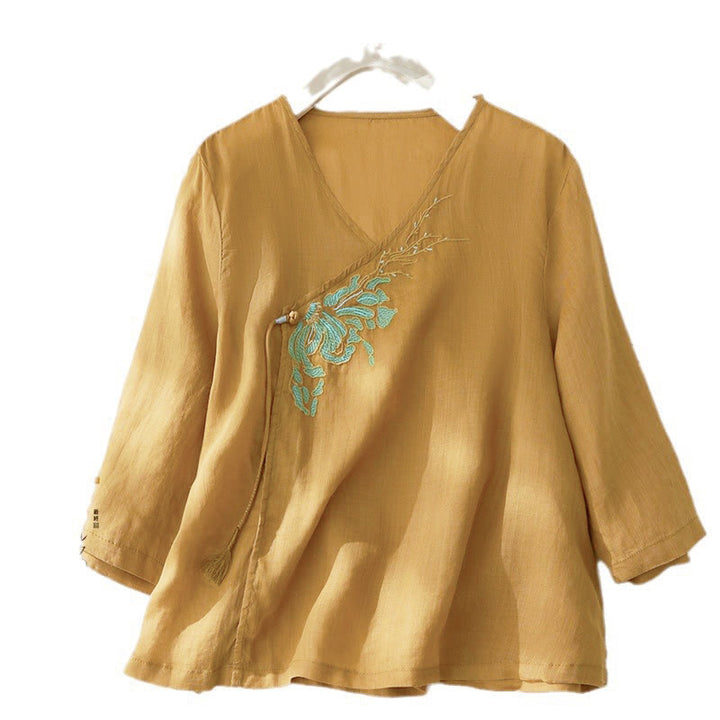 Koszula damska z haftem "Buddha Stones" z motywem roślin i rękawem trzy czwarte - Nawłoć - US8-10，UK/AU12-14，EU40-42 (2XL) - image 13