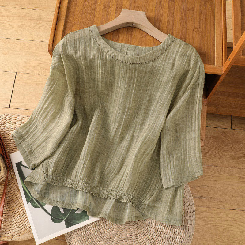 Damska koszulka z okrągłym dekoltem i rękawami 3/4 "Buddha Stones" w swobodnym, letnim stylu, prosta - Ciemny Khaki - US12, UK/AU16, EU44 (2XL) - image 0