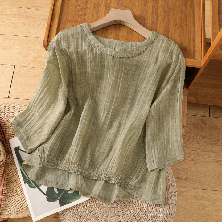 Damska koszulka z okrągłym dekoltem i rękawami 3/4 "Buddha Stones" w swobodnym, letnim stylu, prosta - Ciemny Khaki - US12, UK/AU16, EU44 (2XL) - image 0