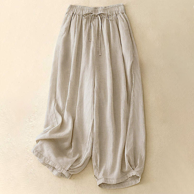 Damskie spodnie capri z kieszeniami i elastyczną talią "Buddha Stones" na lato - Beżowy - US8-10，UK/AU12-14，EU40-42 (2XL) - image 0